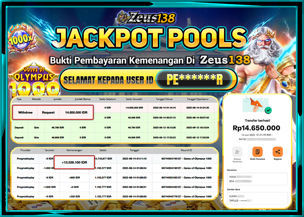 ZEUS138 GATES OF OLYMPUS 1000 Rp.14.650.000,- LUNAS